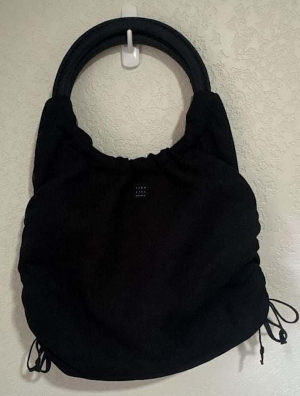 1154 LILL STUDIO Black Textured Hobo Handbag with Ring Handle and Drawstring Sid